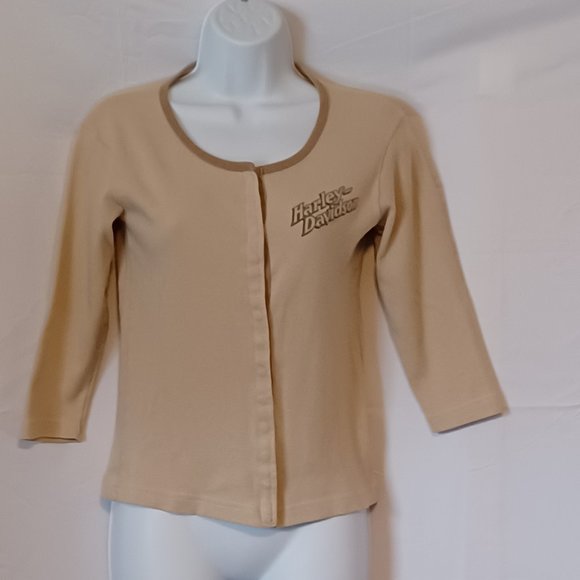 Harley Davidson Y2K Vintage Snap Front T-shirt Womens M Round Neck Tan Cardigan - Picture 1 of 9